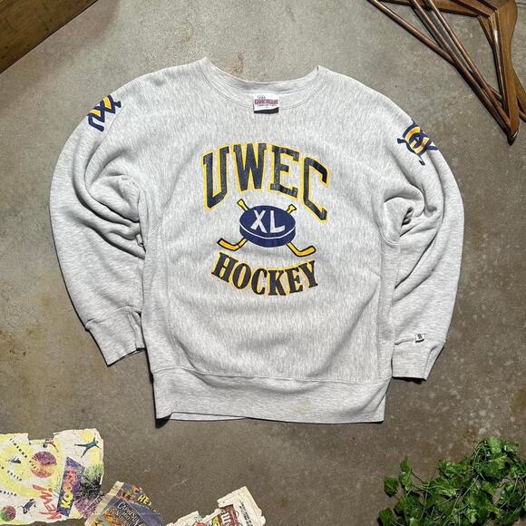Vintage 90s UWEC Hockey Reverse Weave Style Crewneck Mens Large Grey Sweatshirt - Picture 1 of 5